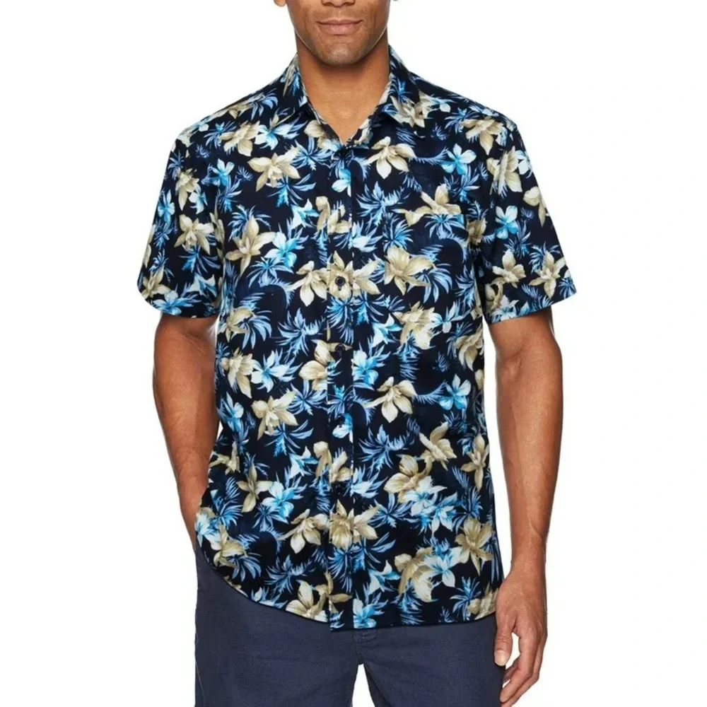 HISDERN Navy Blue Floral Hawaiian Short-Sleeve 100% Cotton Men’s Shirt Size L